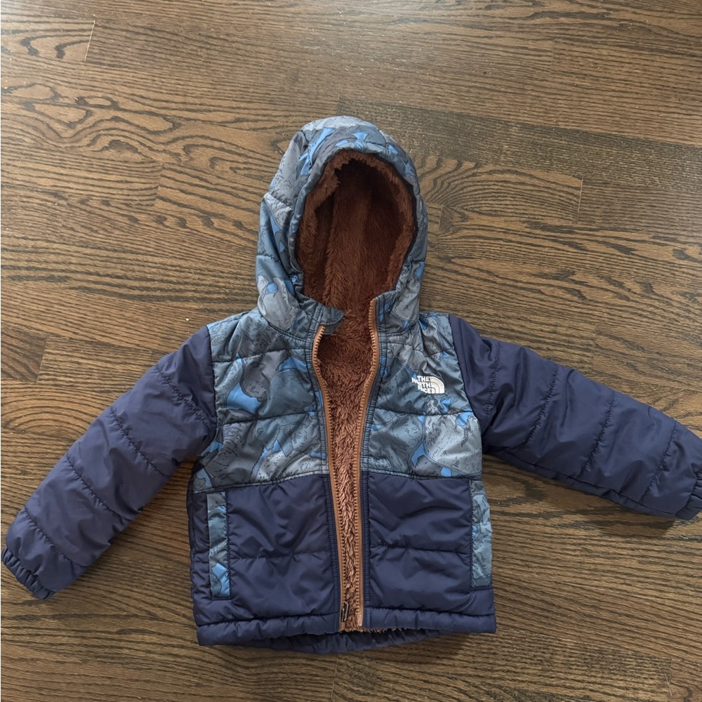 The North Face Toddler Reversible Perrito Navy Blue & Brown Puffer Hooded Jacket